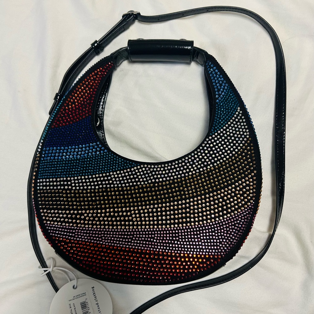 STAUD Multicolor Crystal-Embellished Black Crescent Crossbody Bag
